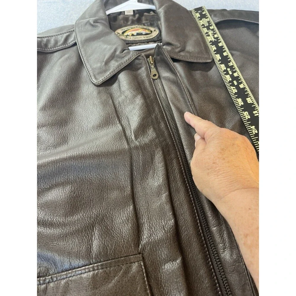 VTG Orvis Fly Fishing Schools Men 2XL Brown Leather Bomber Jacket Excellent